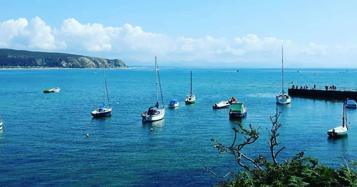 Abersoch harbour and bay on the Llŷn Peninsula with boats at mooring