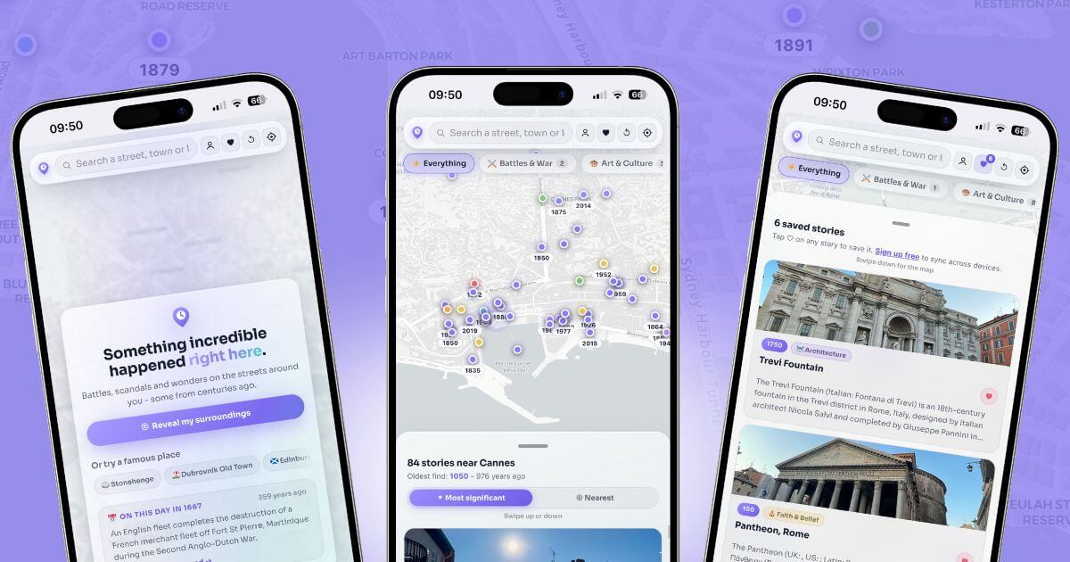 Smartphone held outdoors showing a map of nearby historical places on a city street