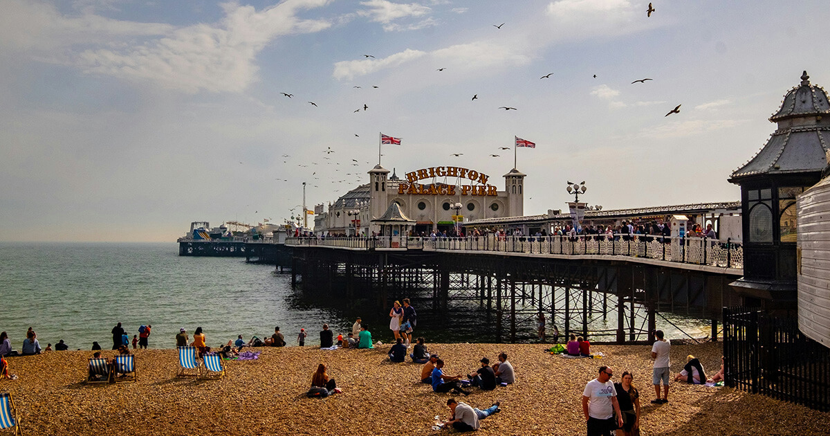 Brighton seafront with the Palace Pier extending into the English Channel