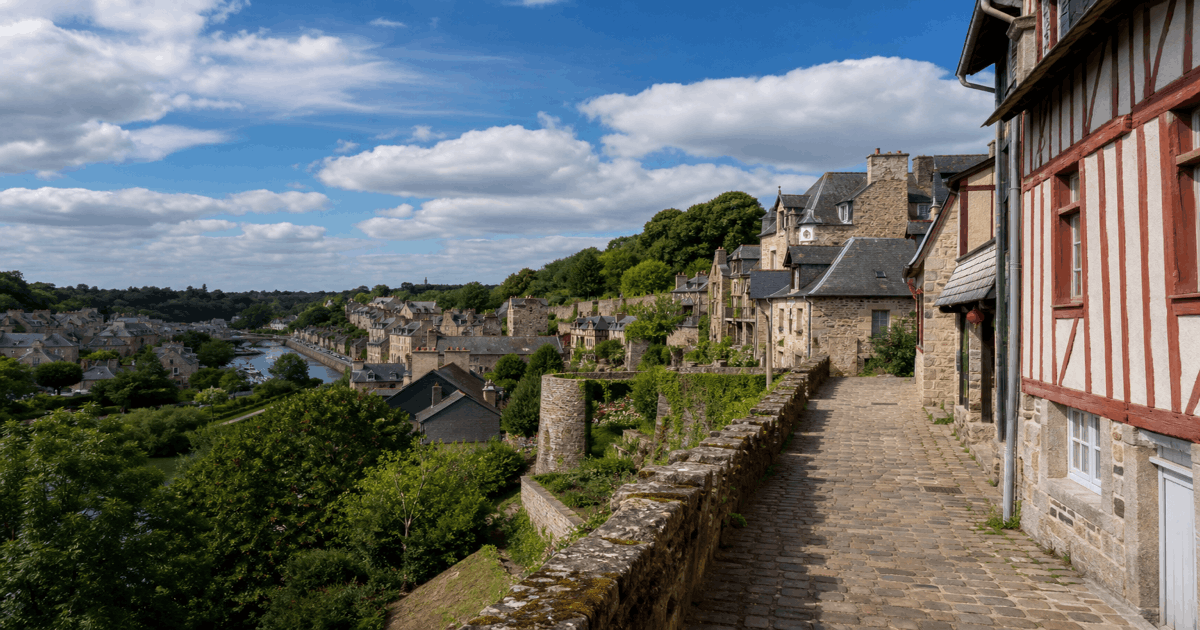 Medieval ramparts and timber-framed houses overlooking the Rance valley at Dinan