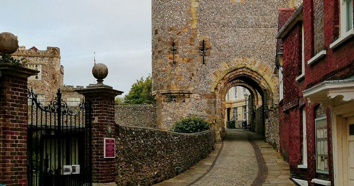 Lewes Castle keep and flint walls overlooking the East Sussex town rooftops
