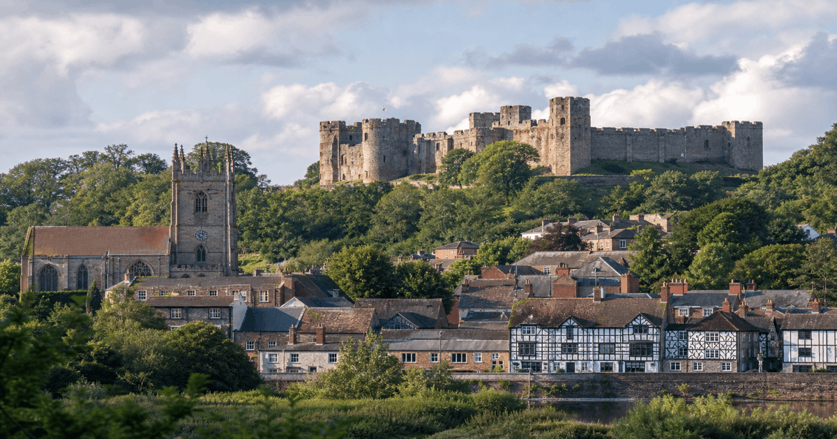 Ludlow Castle above the medieval market town and church tower