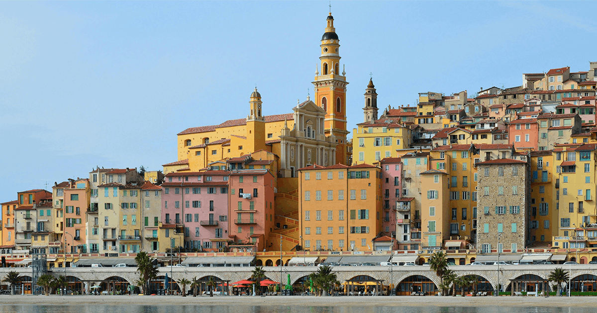 Baroque steps and façade of the Basilique Saint-Michel rising above Menton old town