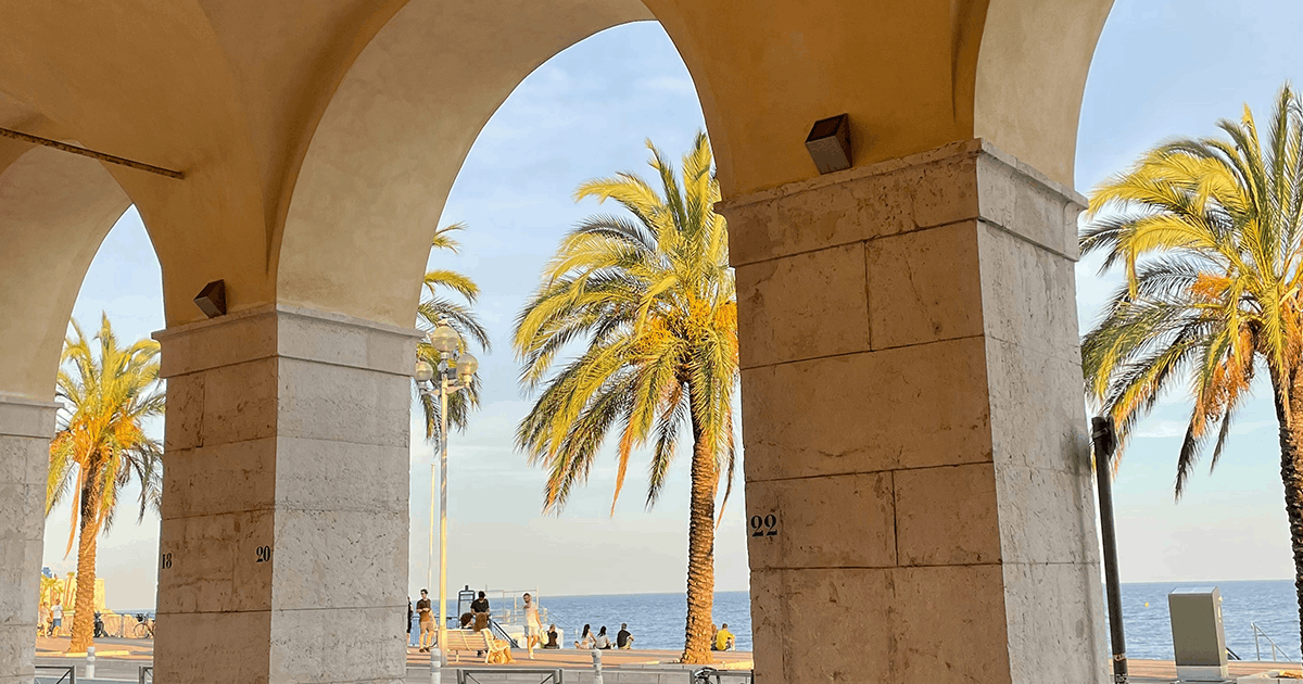 Panoramic view of Nice old town rooftops and the Baie des Anges from Castle Hill