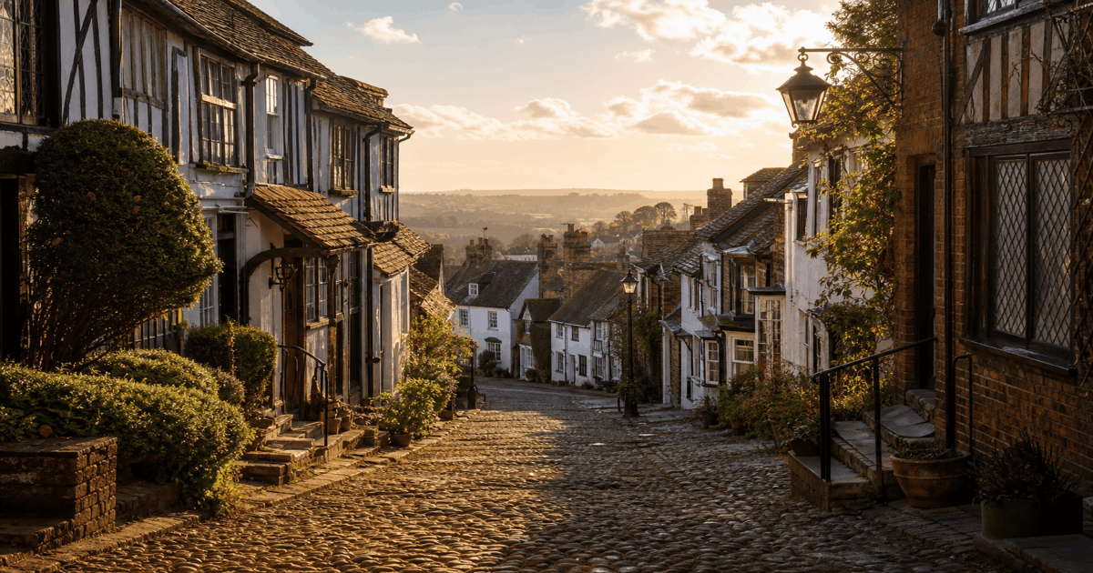 Cobbled Mermaid Street with timber-framed houses in Rye old town